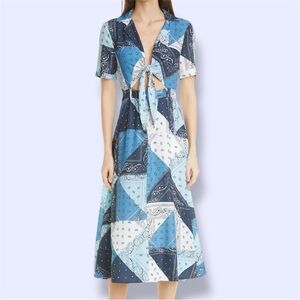 STAUD Giorgiana Tie Front Cutout Midi Dress - Blue